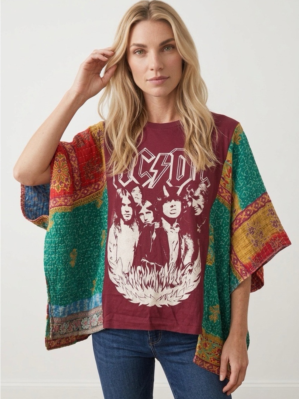 AC/DC Upcycled Kantha Tunic Handcrafted NWT one size fits most